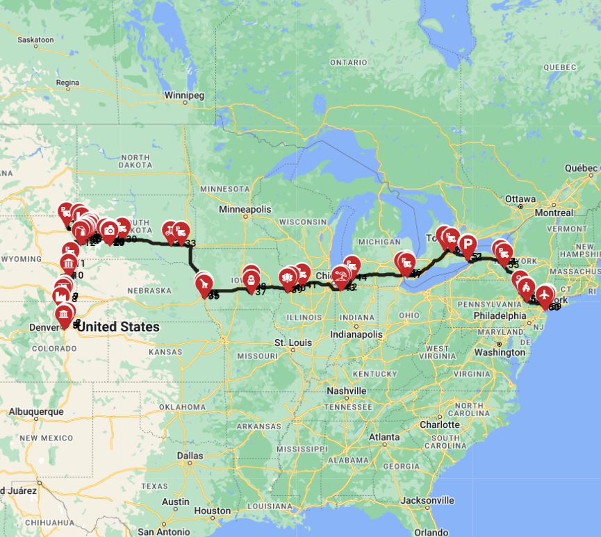 a Motorhome trip planner wizard for a route from Denver to New York